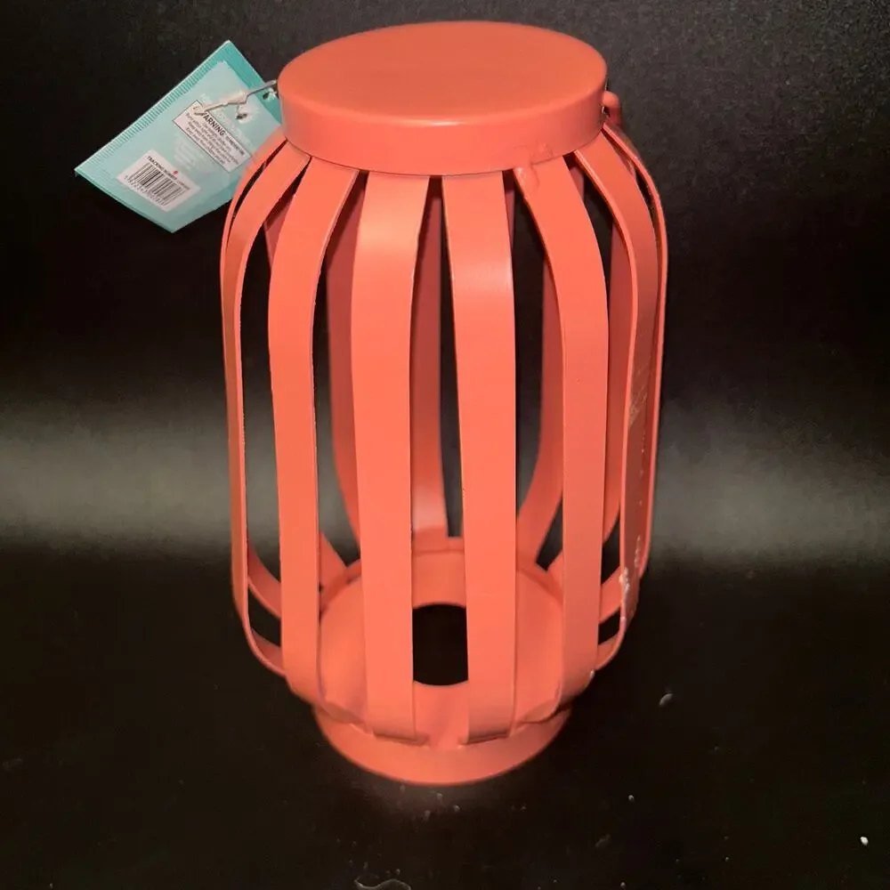 New NWT Coral Pink Caged Lantern Tealight Candle Holder w/ 3 Electric Candles